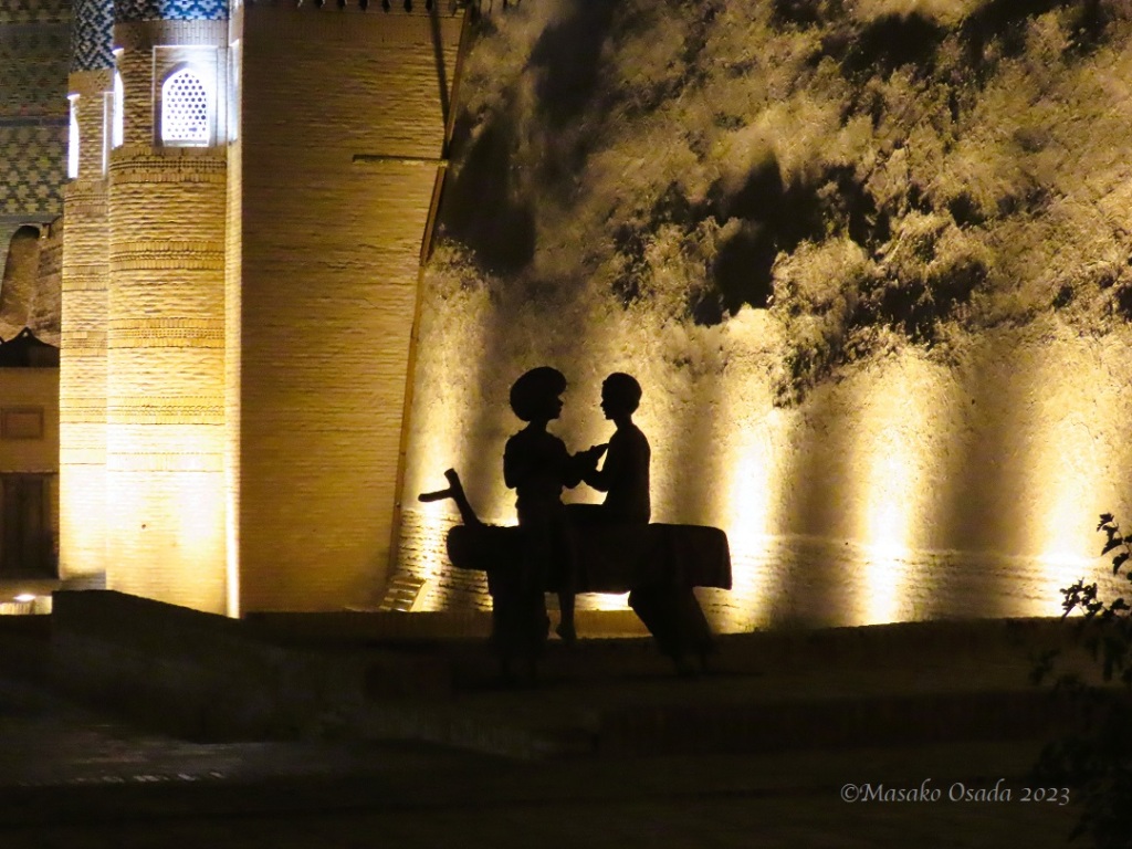 Sculpture at night. Khiva, Uzbekistan